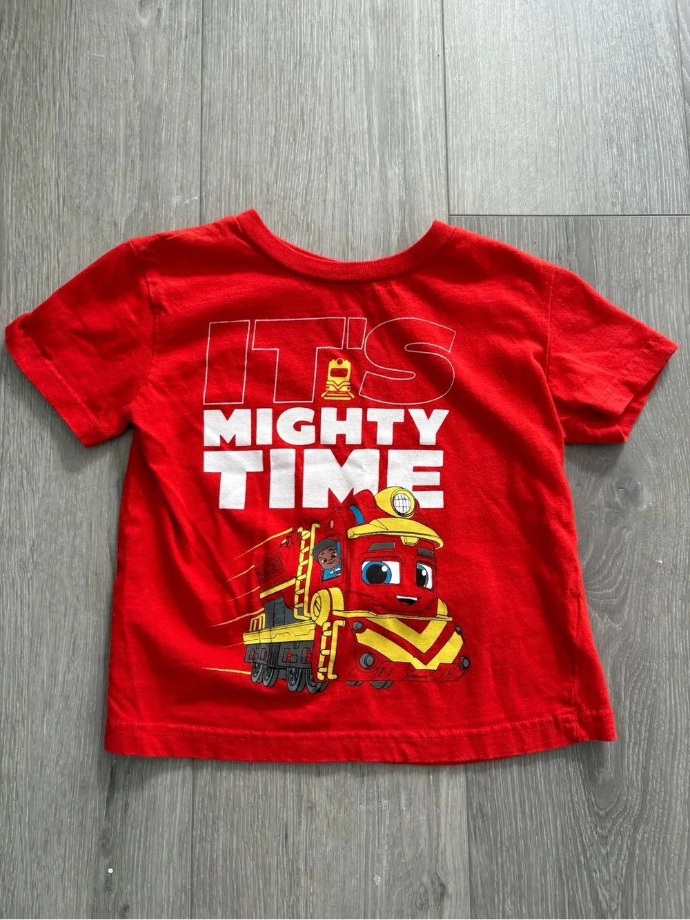 Mighty Time Red Fire Engine T- Shirt Paired with Jean shorts . Boys 2T